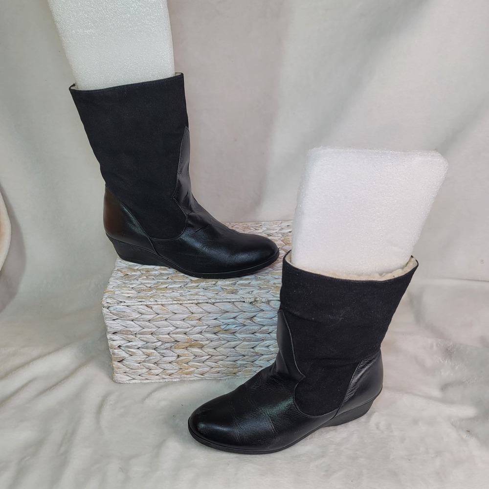 Vtg Revelations Black Leather Goth Steampunk‎ Mid Calf Boots 9.5 M Wedge Career